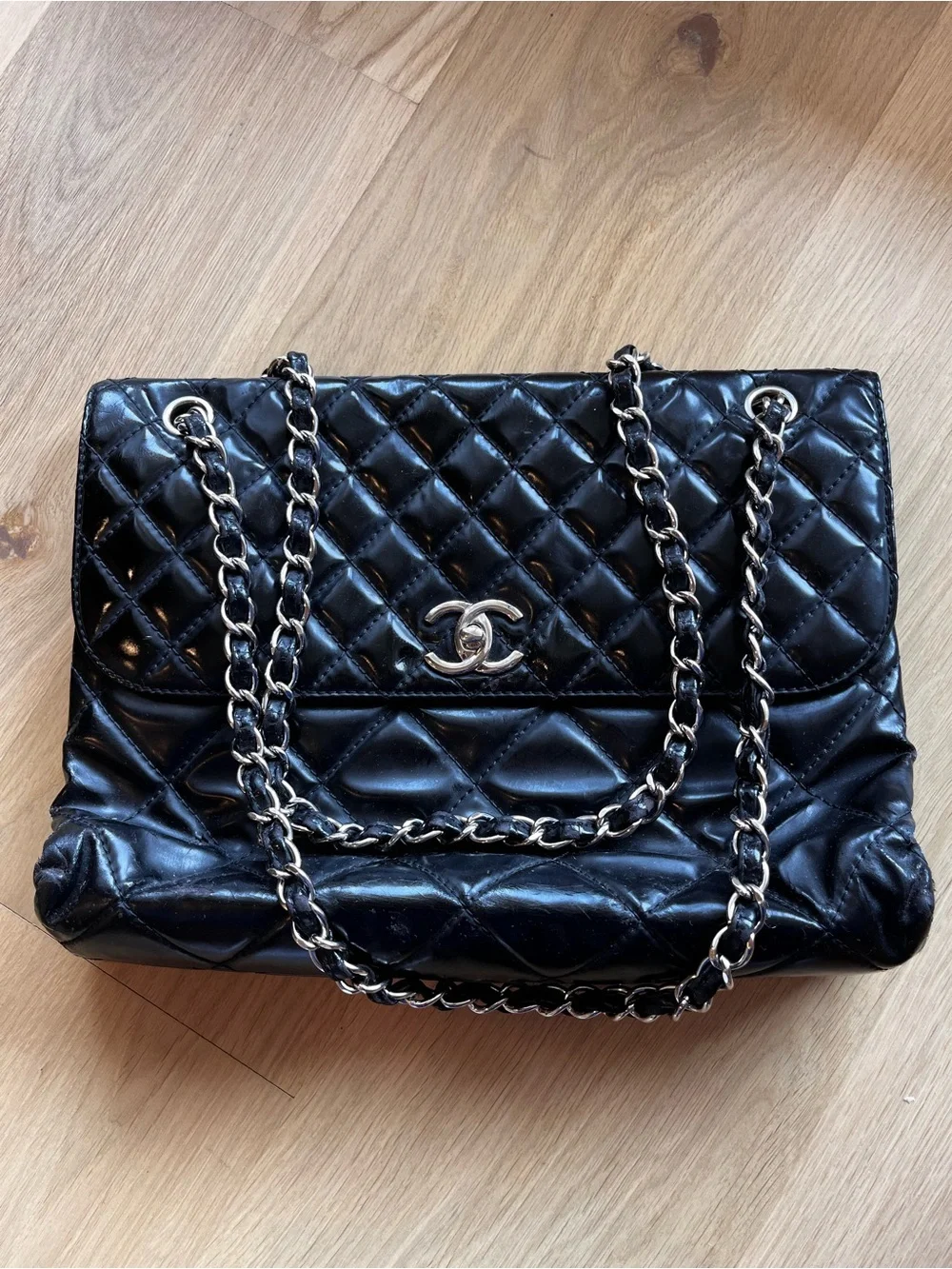 CHANEL Black Quilted Lambskin Flap Shoulder Bag with Silver Chain